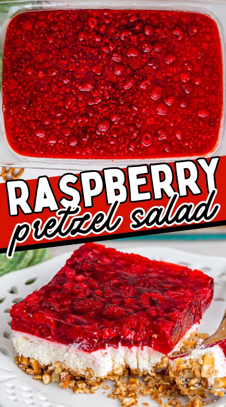 A square shaped Raspberry pretzel salad on a white cake plate