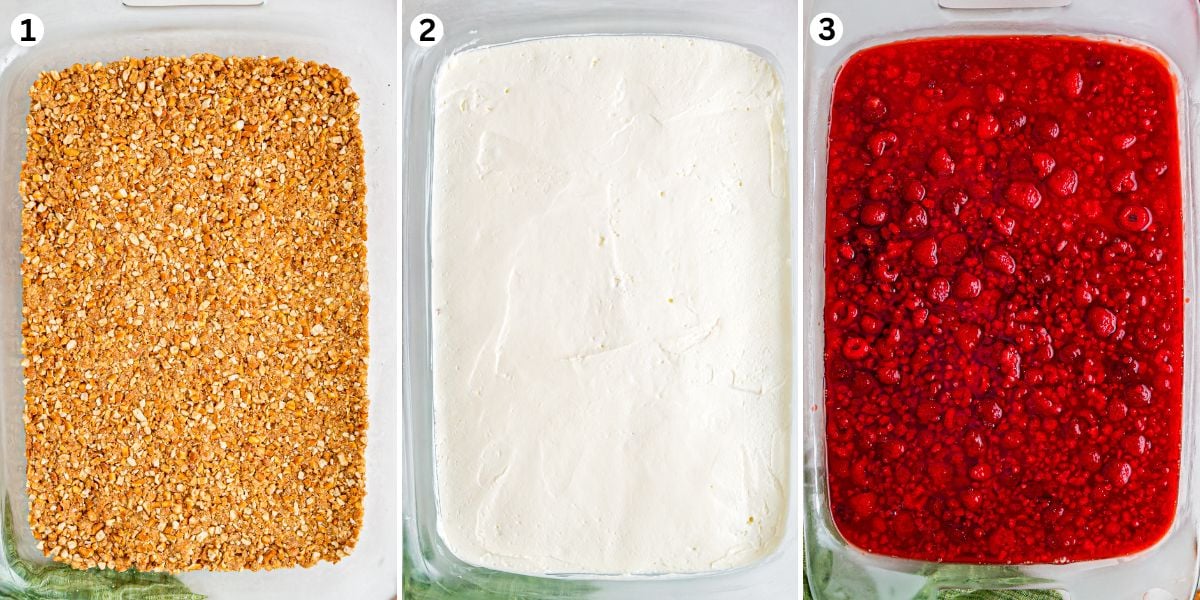Raspberry pretzel salad making steps collage: pressing the pretzel crust into baking dish, followed by cream cheese filling and last raspberry jello toping