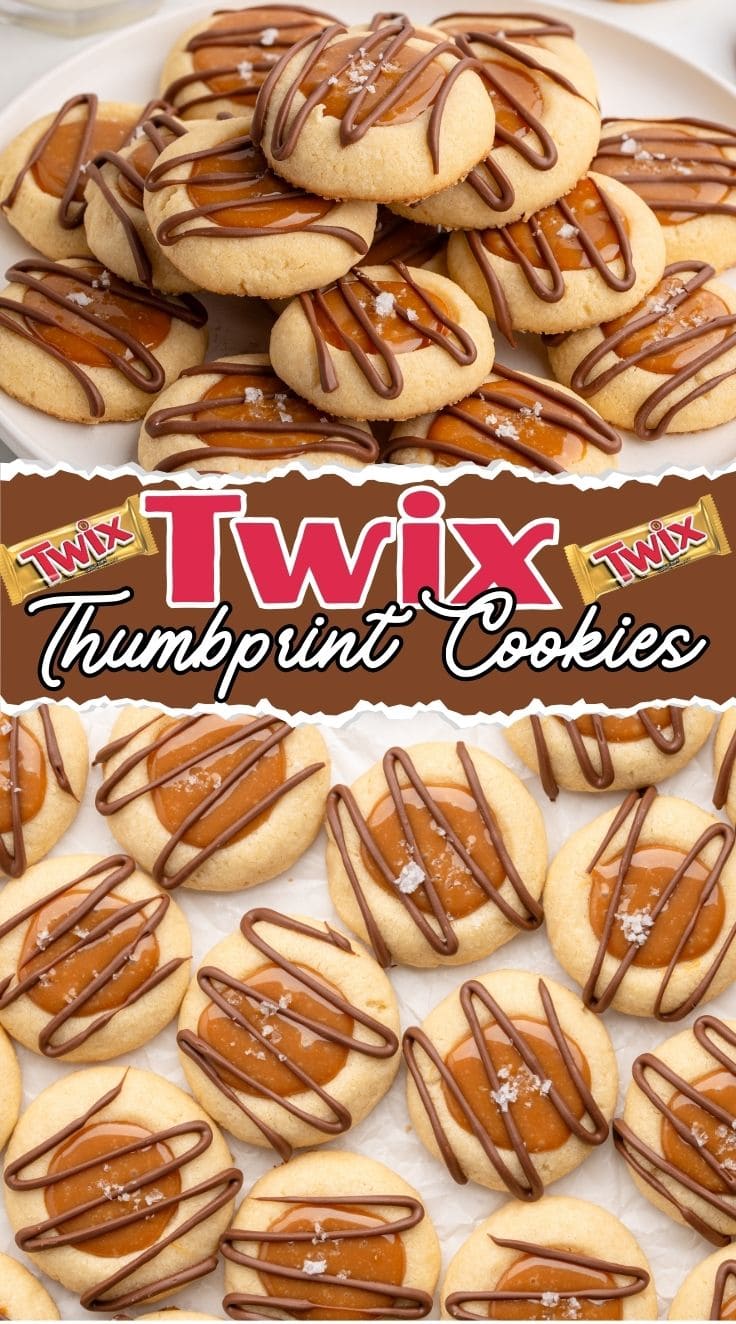 A plate full of perfectly baked Twix thumbprint cookies .