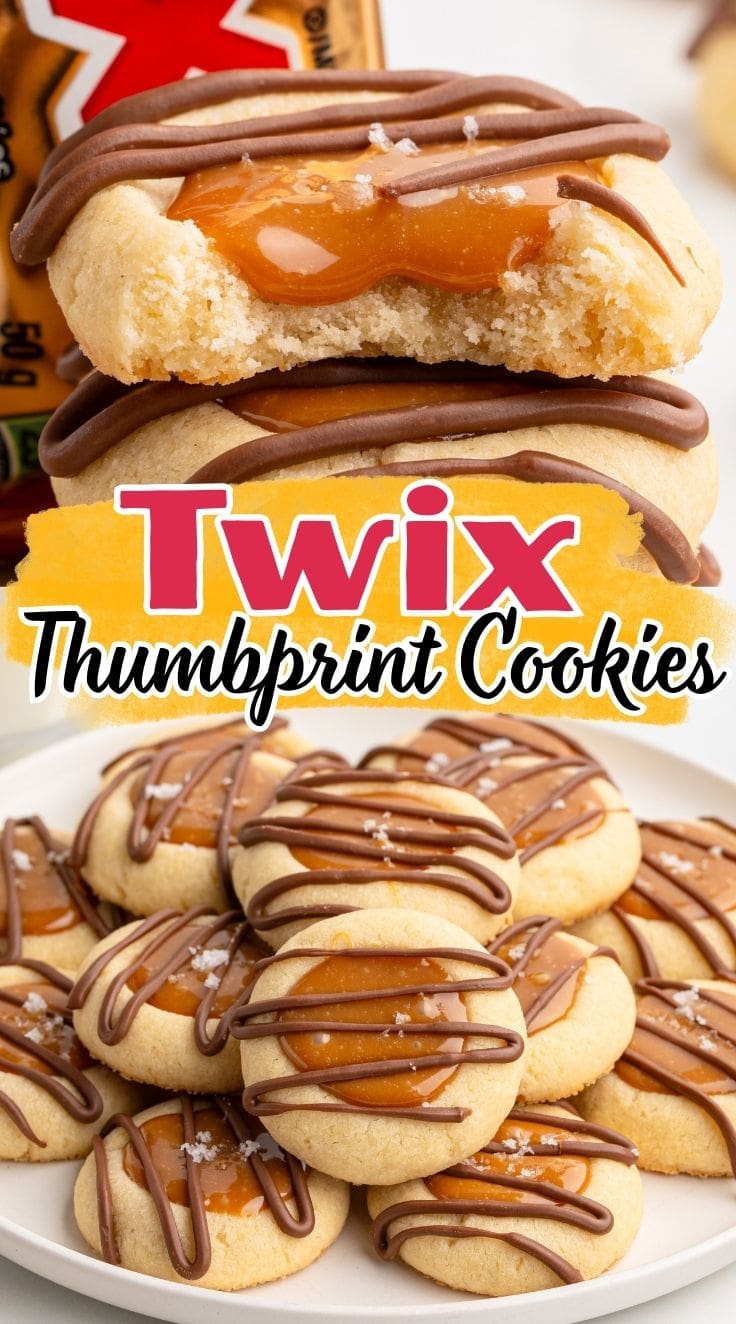 A pile of perfectly baked golden Twix Thumbprint Cookies served on a white plate