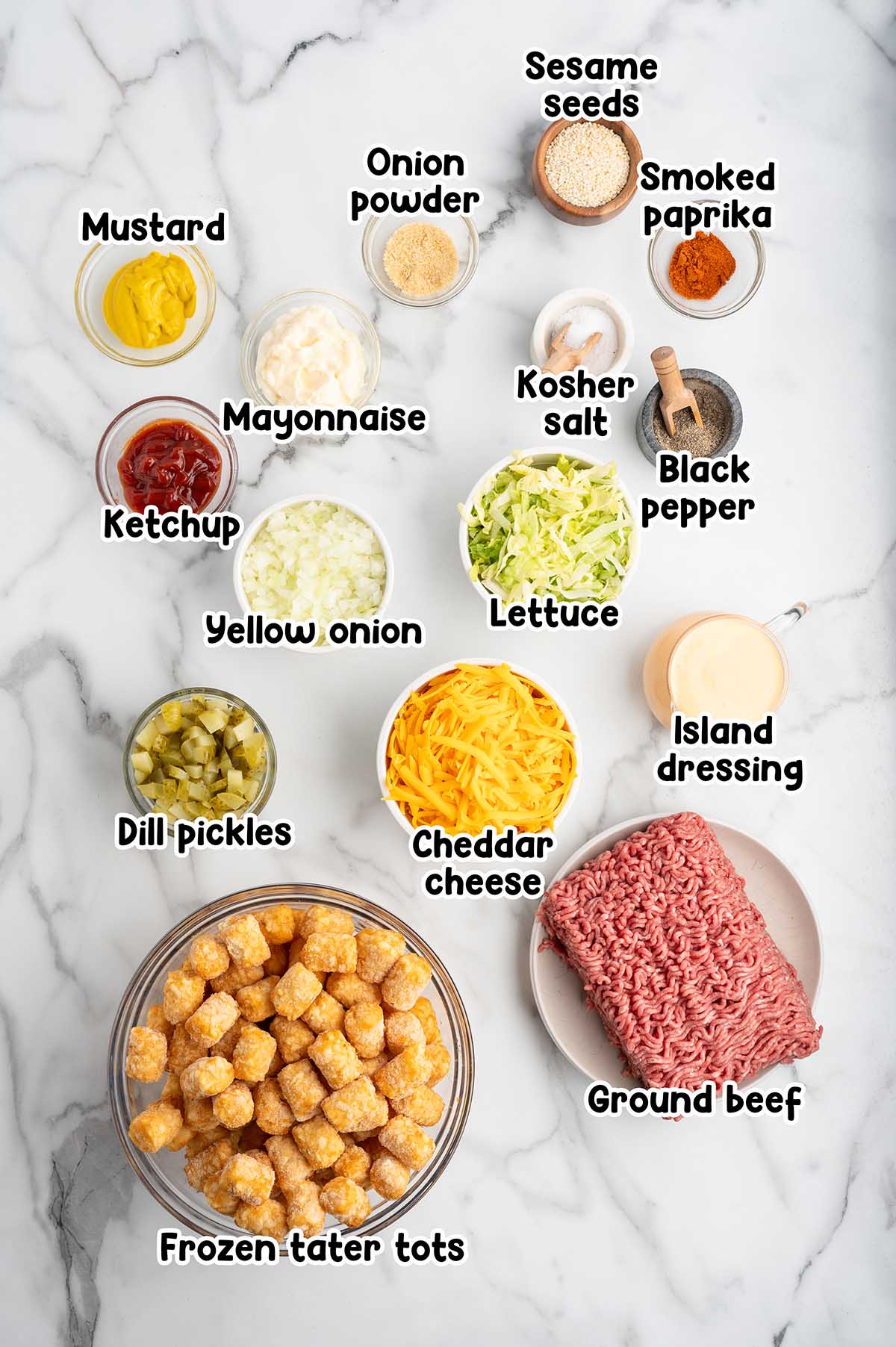 Big Mac Tatertot Casserole ingredients.