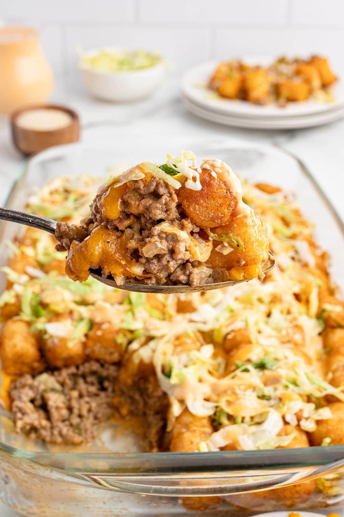 A spoonful of Big Mac Tatertot Casserole