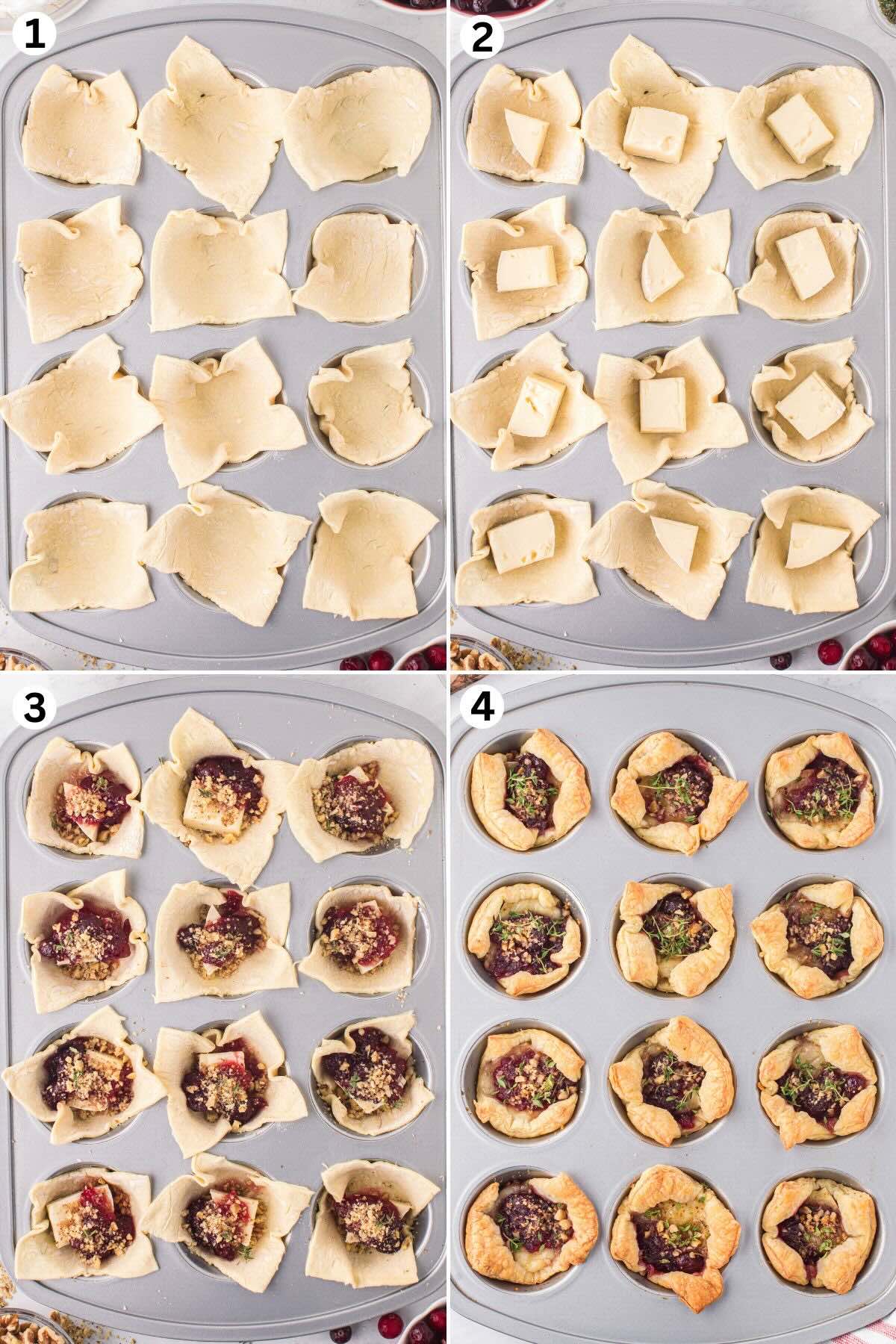 cranberry brie bites making steps collage : pressing pastry sheet into the muffin tin, adding cheese on top, followed by cranberry sauce and walnuts and finally freshly baked cranberry brie bites ready to be served
