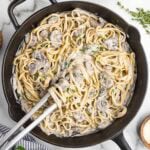 creamy garlic parmesan mushroom in a skillet.
