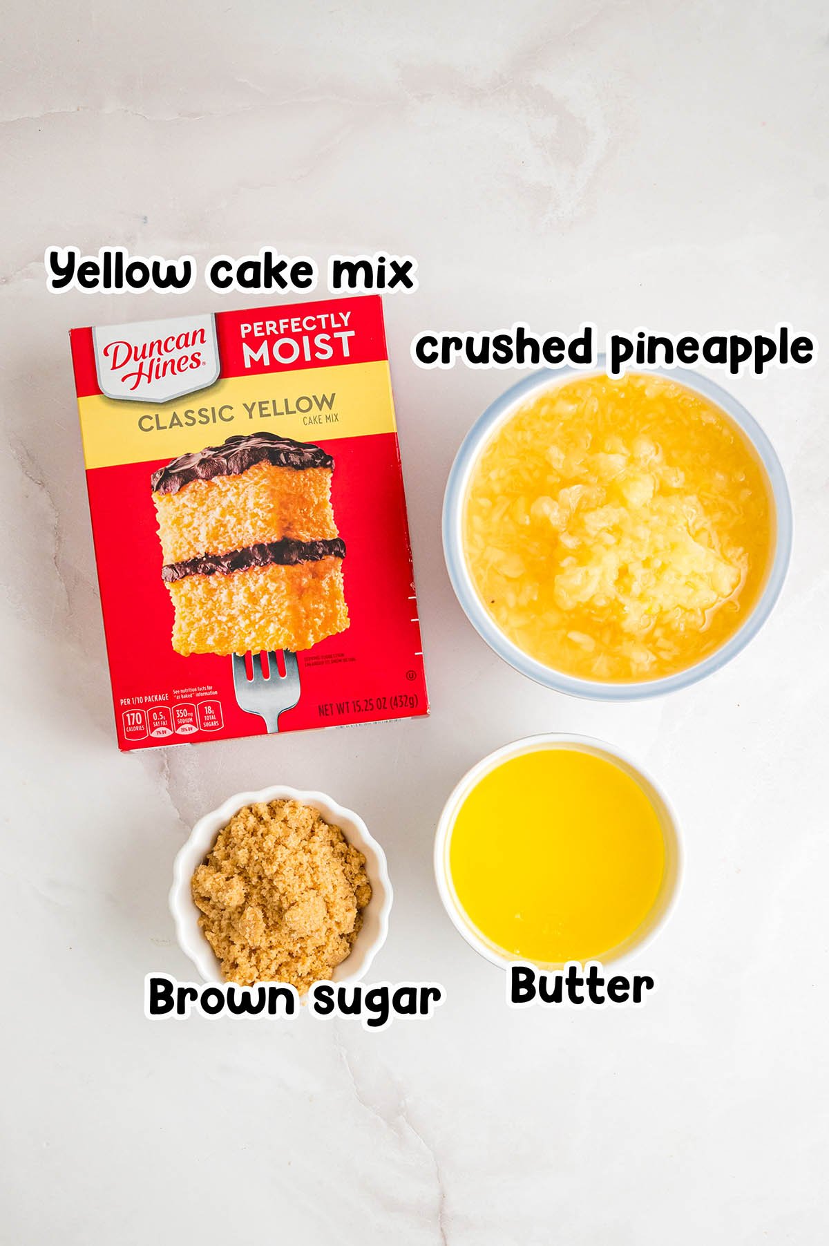 Pineapple dump cake ingredients.