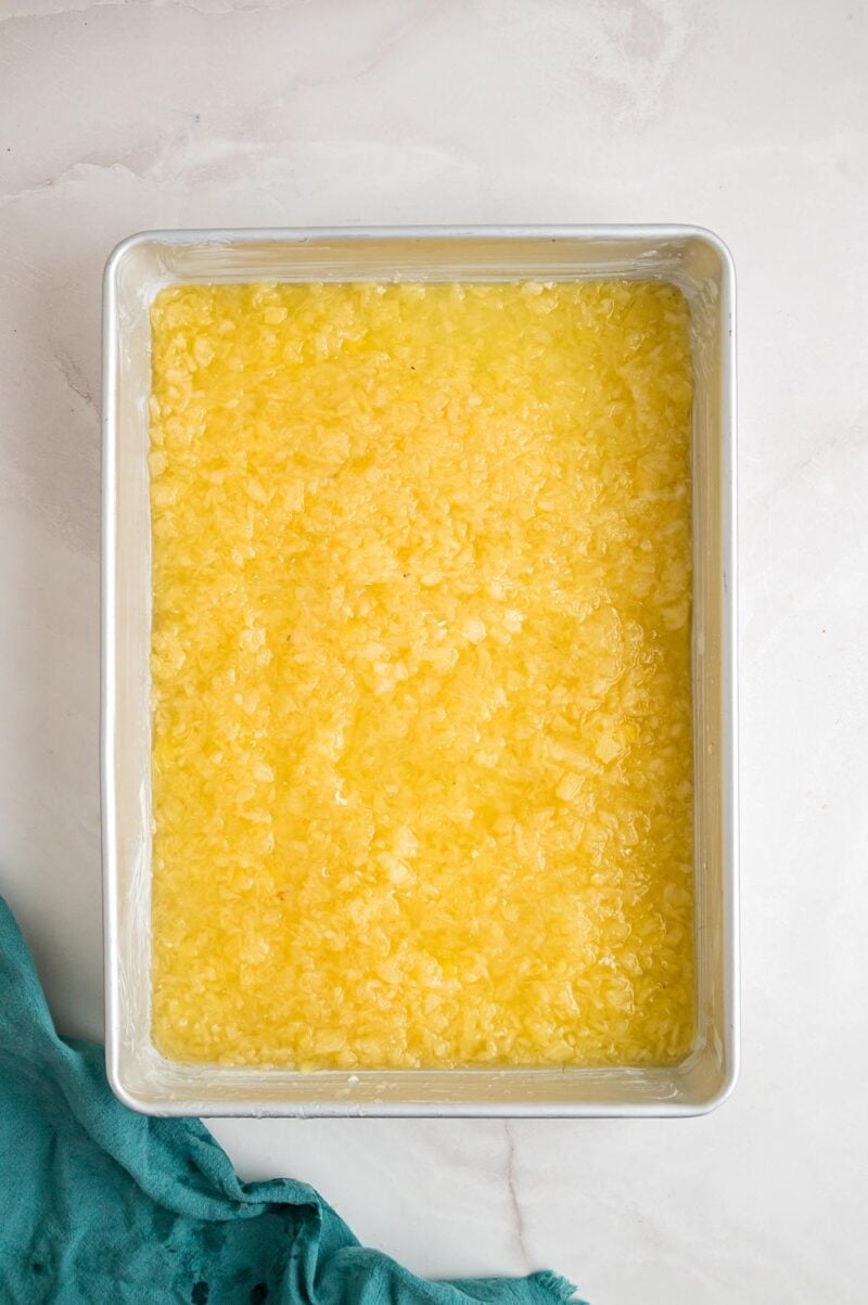 crushed pineapple in baking pan