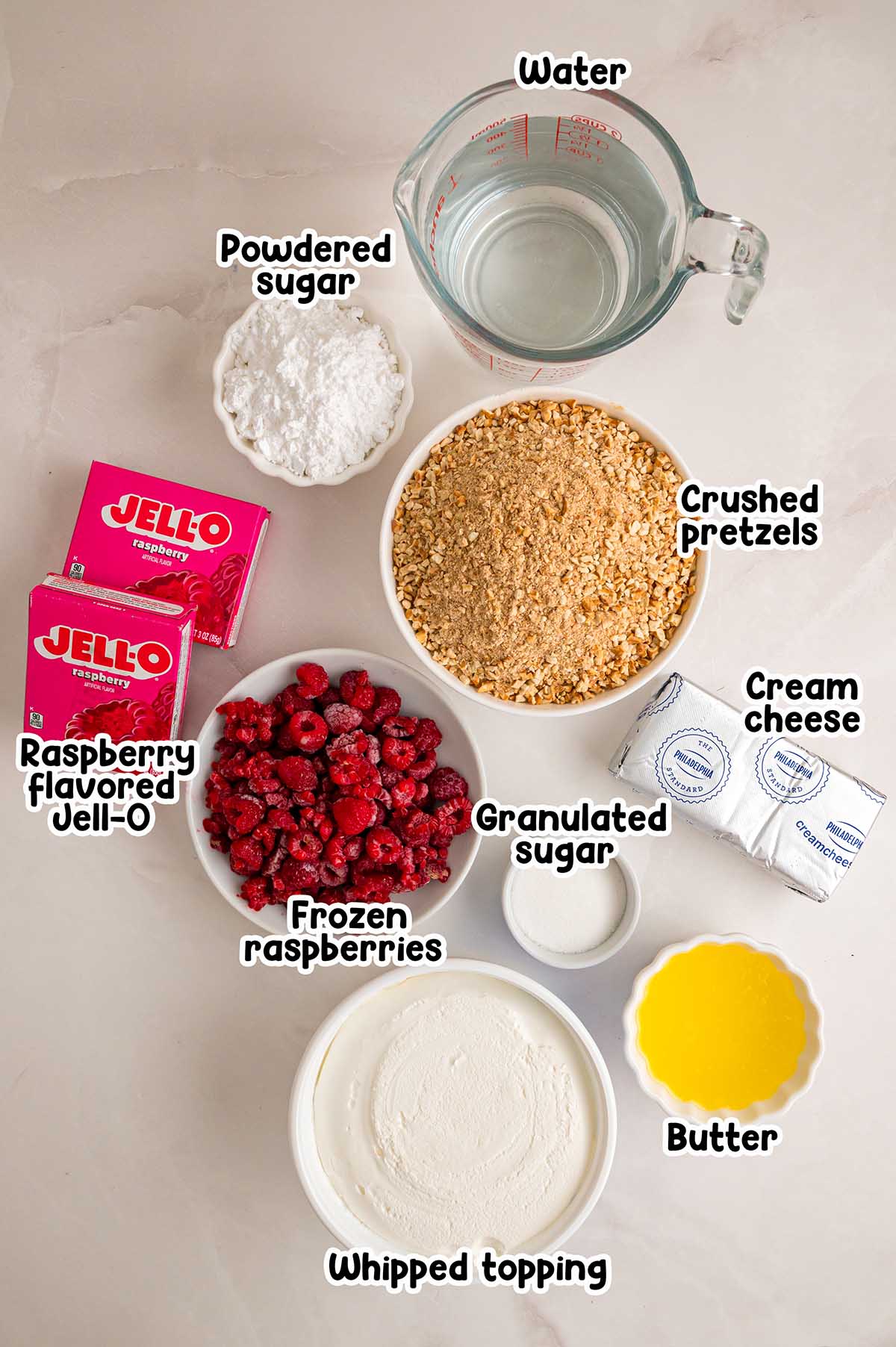 Raspberry pretzel salad ingredients.