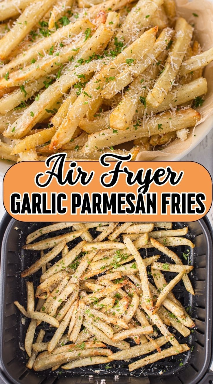 Golden Air Fryer Garlic Parmesan Fries in an air fryer basket