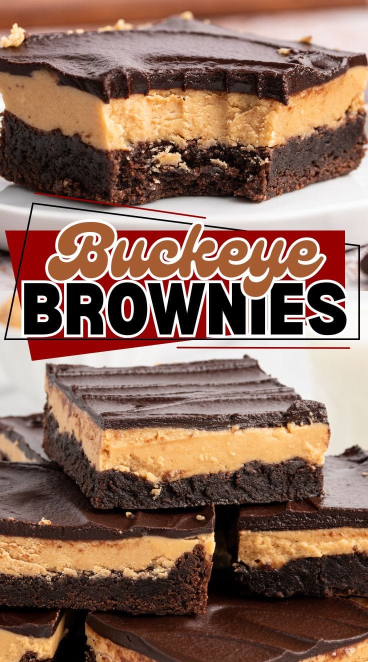 A stack of fudgy square cut Buckeye Brownies