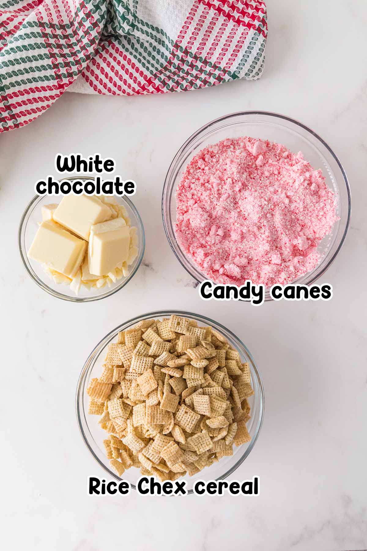 Candy Cane Muddy Buddies Chex Mix ingredients.