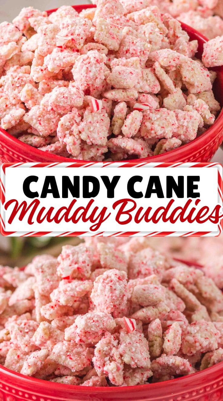 Candy Cane Muddy Buddies Chex Mix in a festive red bowl