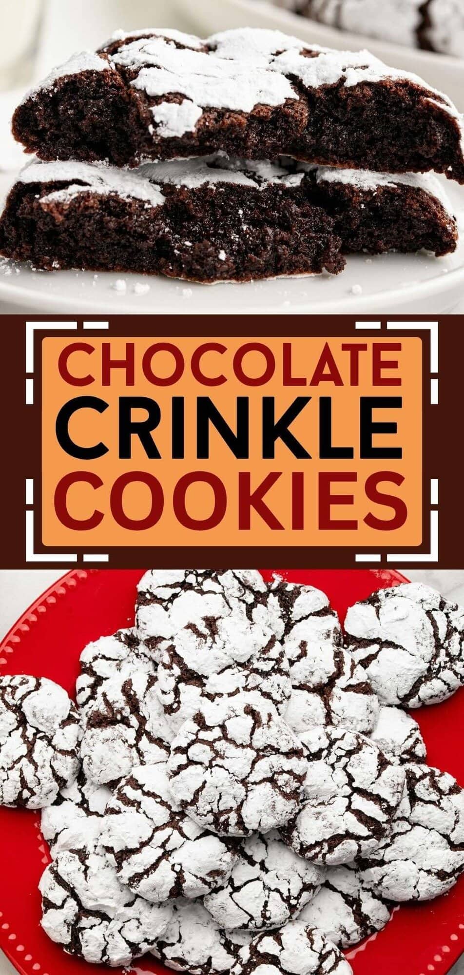 A pile of Chocolate Crinkle Cookies served on a red plate. A piece of Chocolate Crinkle Cookies that has been splitted into two