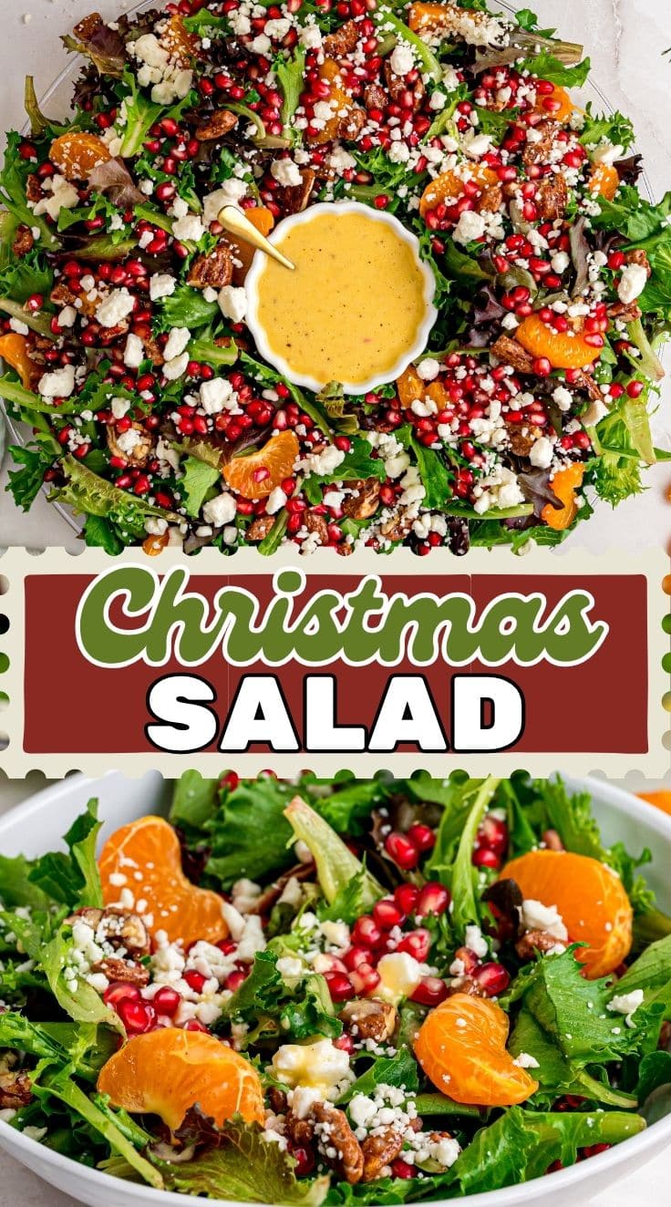 Top view of Christmas Salad with a bowl of dressing sauce at the center
