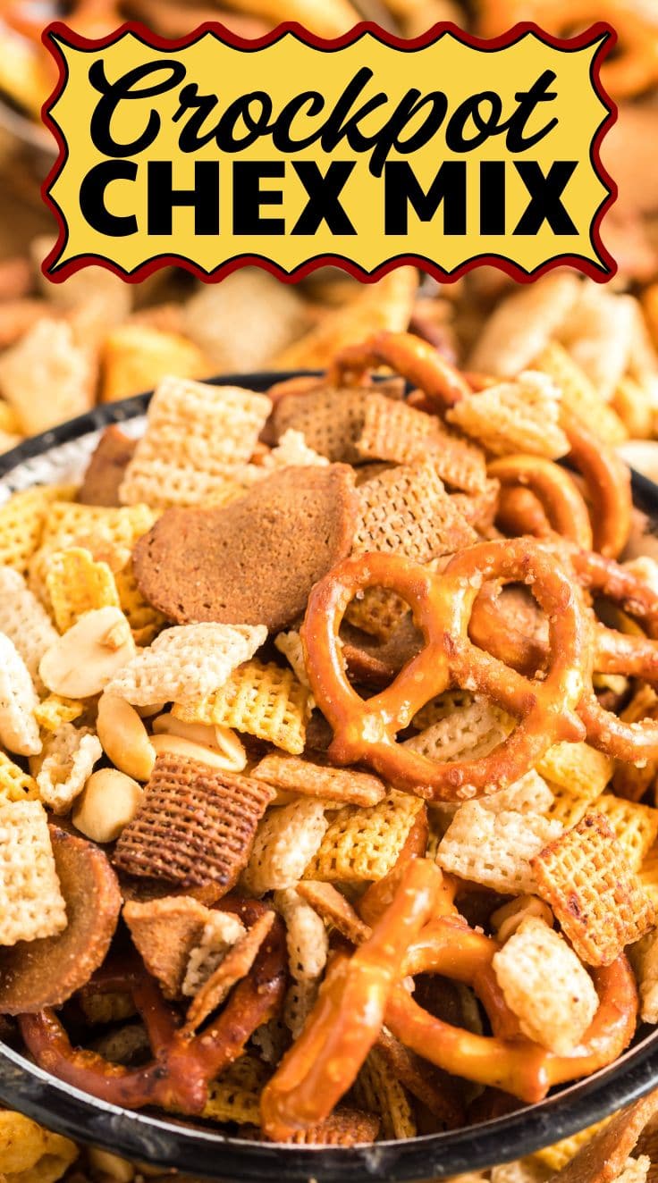Close up of Crockpot Chex Mix in a bowl