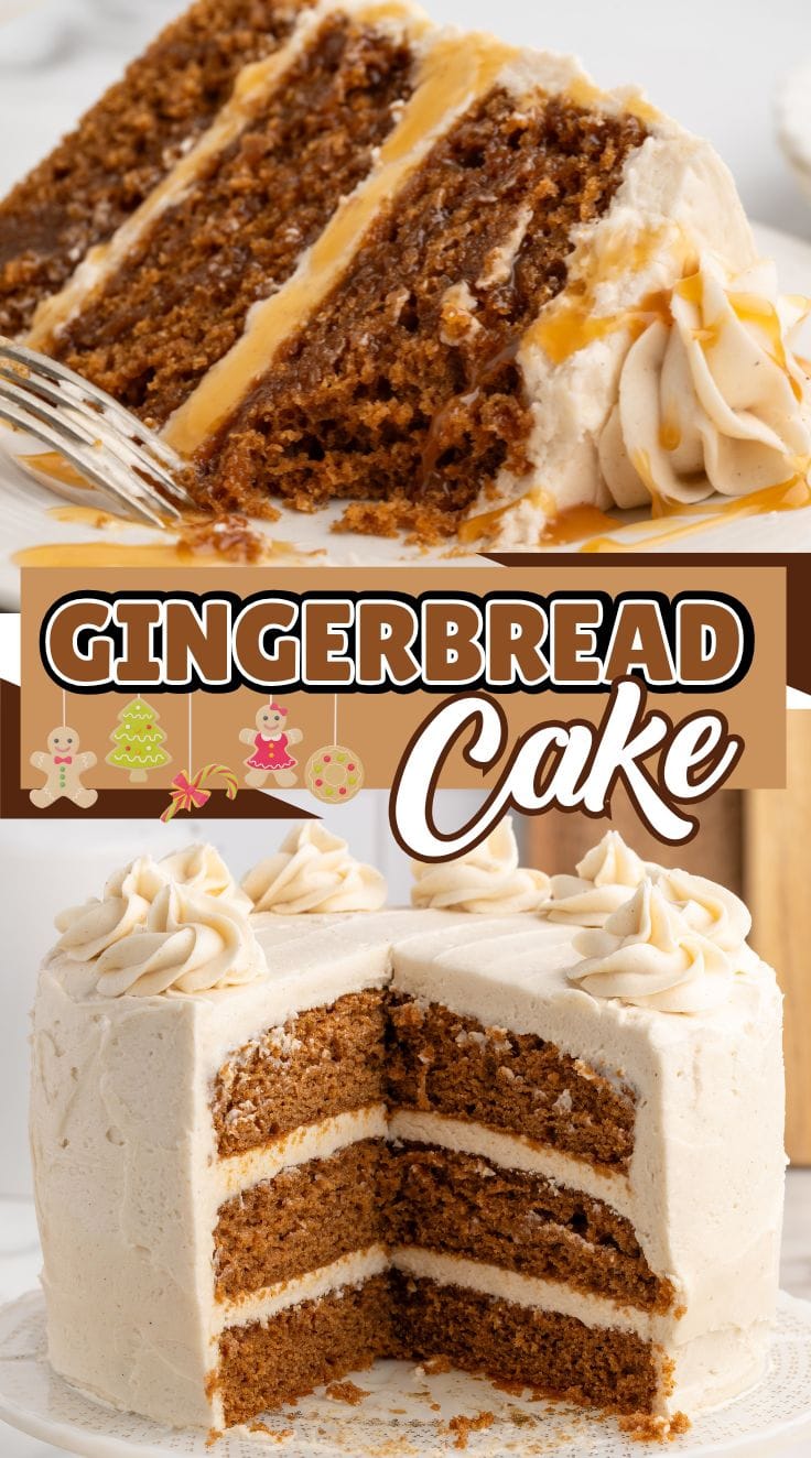 A slice of Gingerbread Cake served on a white plate