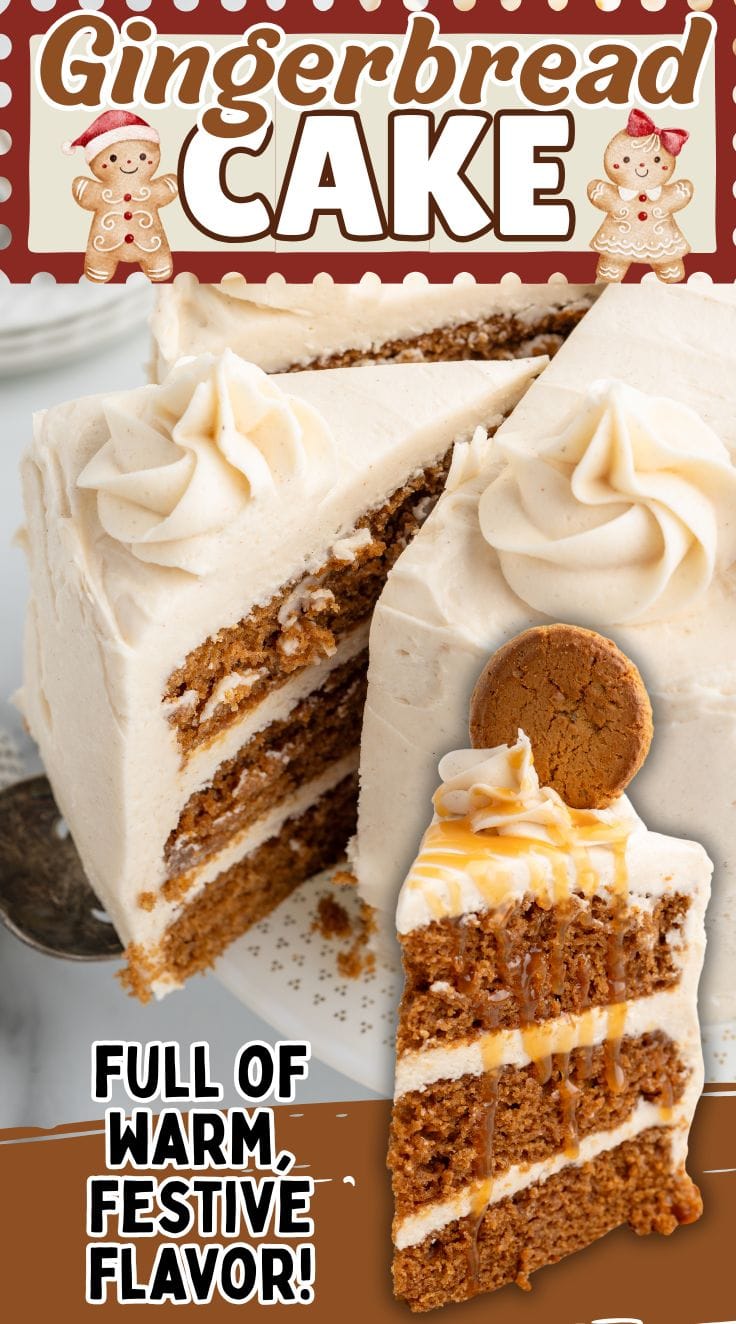 Slice of moist gingerbread cake topped with frosting