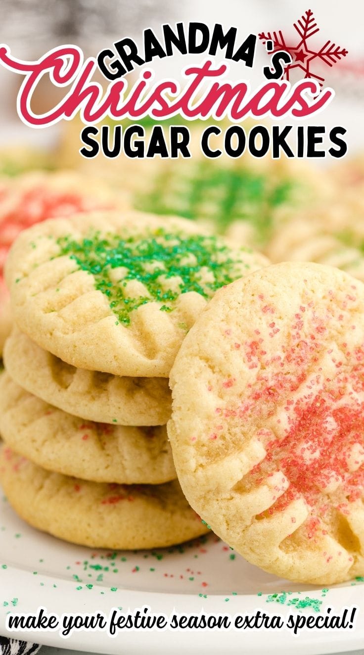 A stack of Christmas Sugar Cookies served on a white cake plate