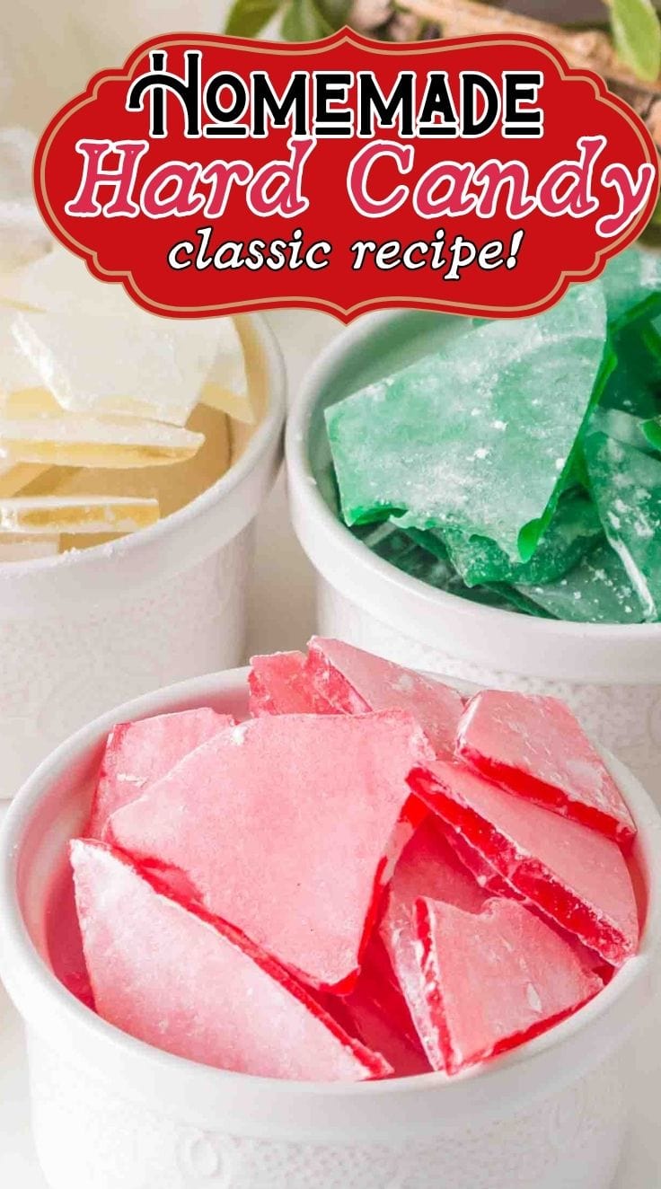 Red, green, and white Hard Candy stored in 3 different bowls