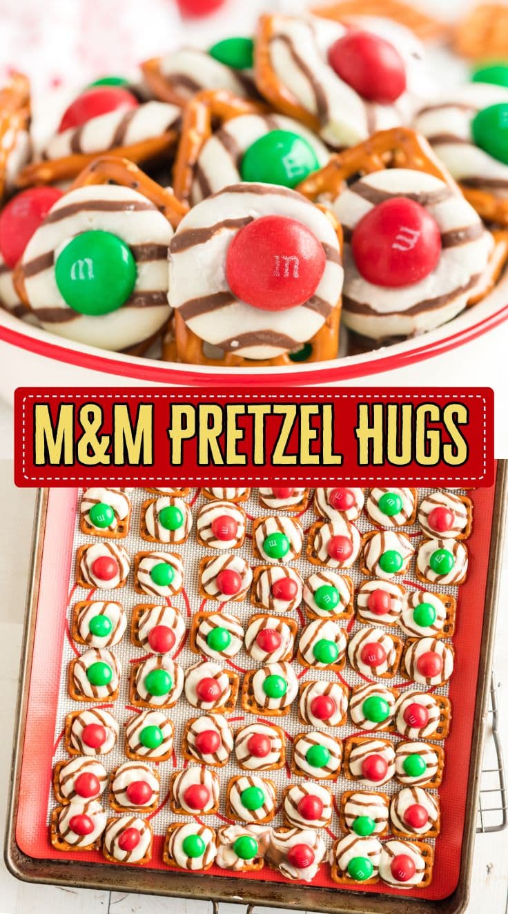Tray of Christmas Pretzel Hugs topped with melted Hershey’s Hugs and red and green M&Ms