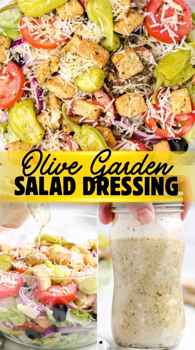 Crisp copycat Olive Garden salad with Italian dressing, olives, tomatoes, and pepperoncini