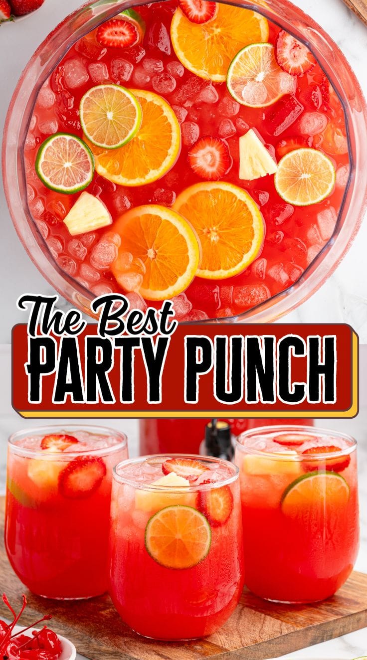 3 glasses of Party Punch on a wooden board