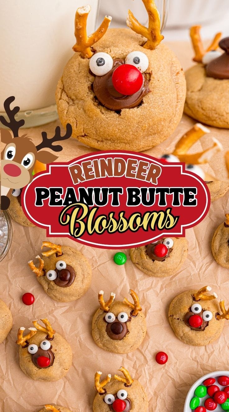 Top view of Reindeer Peanut Butter Blossoms scattered on a baking sheet