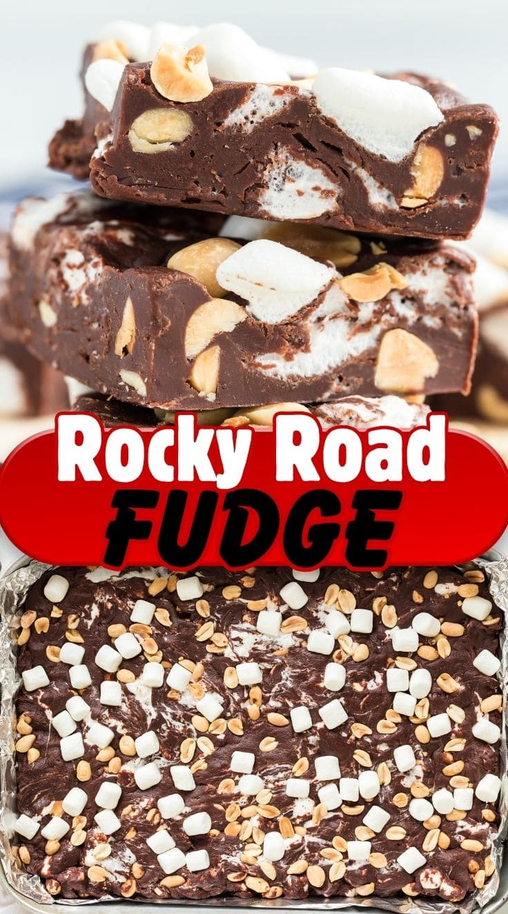 Decadent Rocky Road fudge stacked on top of each other