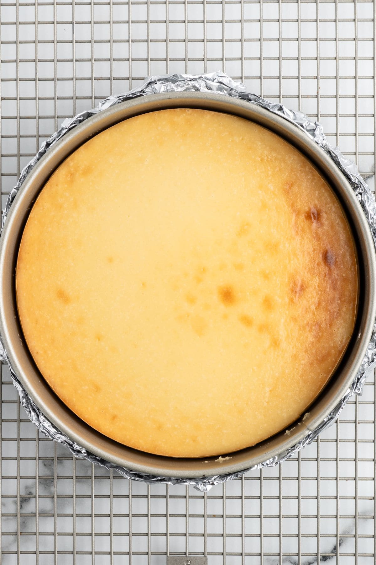 baked cheesecake inside the pan on top of cooling rack.