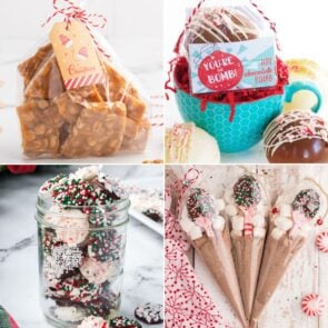 homemade gifts for christmas including peanut brittle, chocolate bombs, chocolate candy, peppermint spoon.