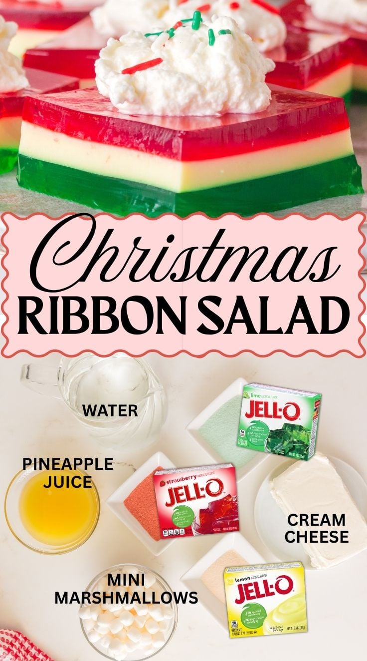 A square sliced Christmas ribbon salad on a plate. Christmas ribbon salad ingredients