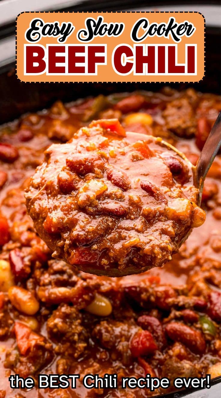 A soup ladle digging into Slow Cooker Chili in a slow cooker.
