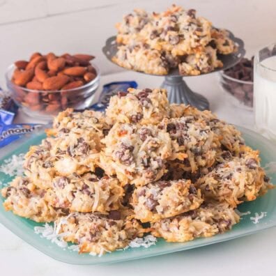 almond joy cookies on a plate.