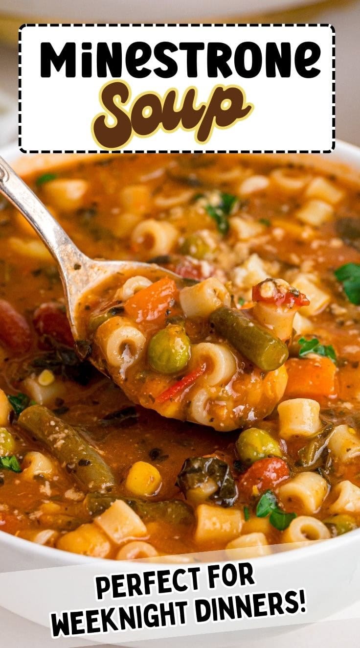 A spoon digging into hearty Minestrone Soup