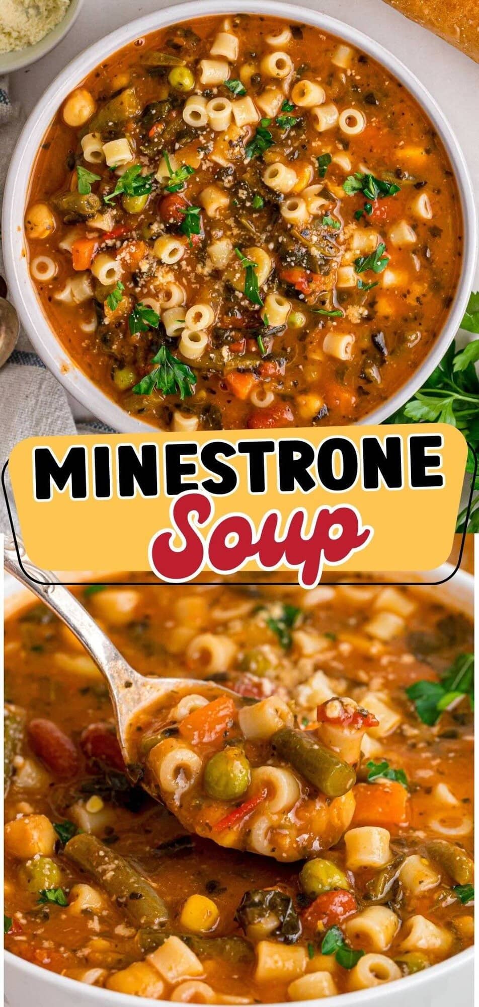 Top view of Minestrone Soup served in a white bowl.