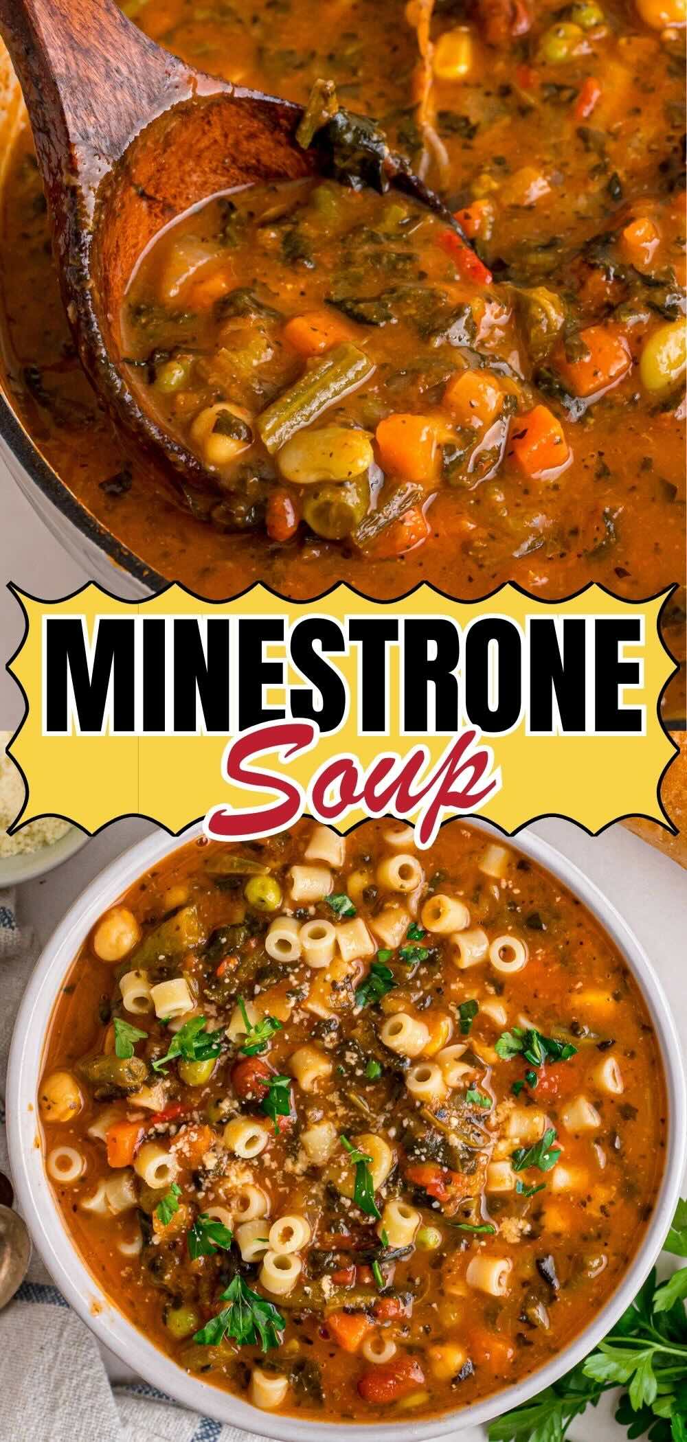 minestrone soup in a bowl and in a pot with ladle.