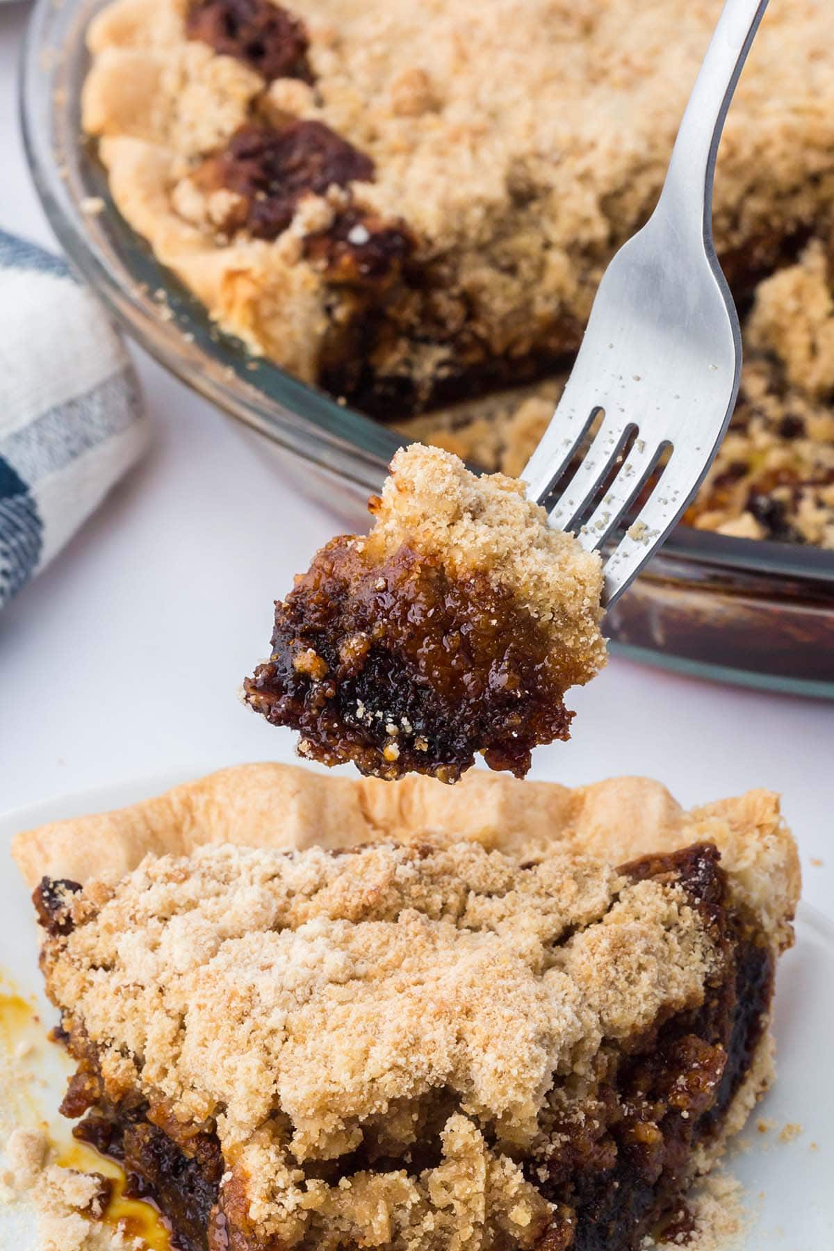 Fork lifts a crumbly bite of shoofly pie with dark molasses filling.