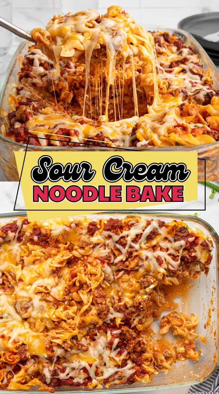 A portion of Sour Cream Noodle Bake with stretched cheese lifted from the glass baking dish.