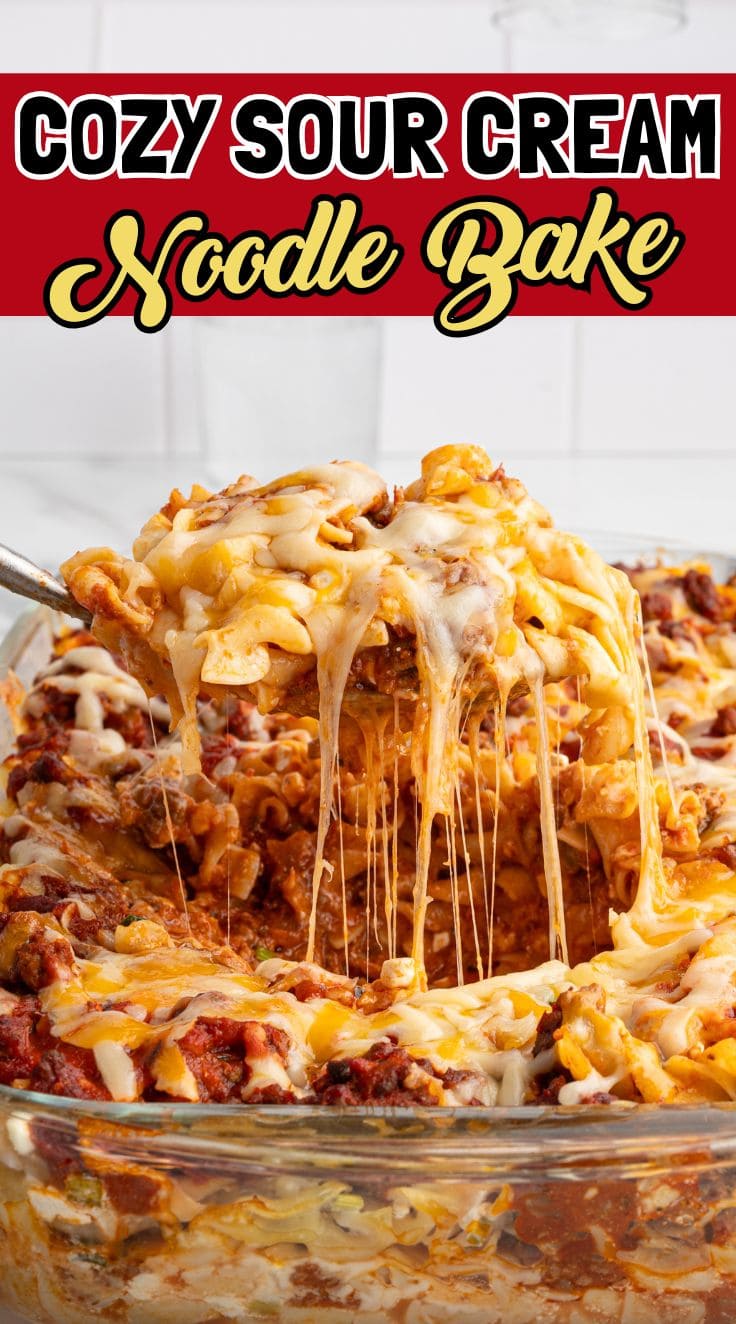 Baked sour cream noodle bake with ground beef, noodles, and creamy sauce served in a casserole dish.