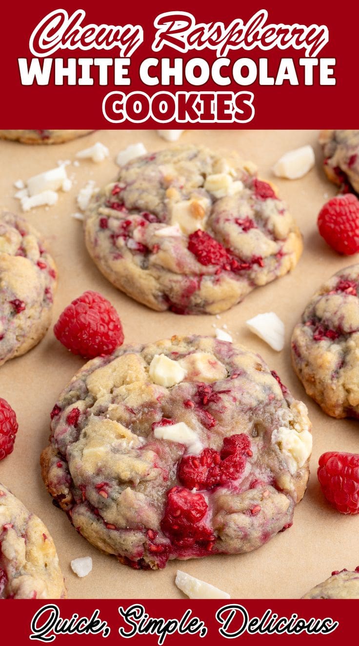 Close up of White Chocolate Raspberry Cookies on parchment paper