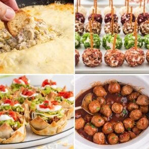 philly cheesesteak dip, mini cheeseball, taco bites, cranberry meatballs appetizers.