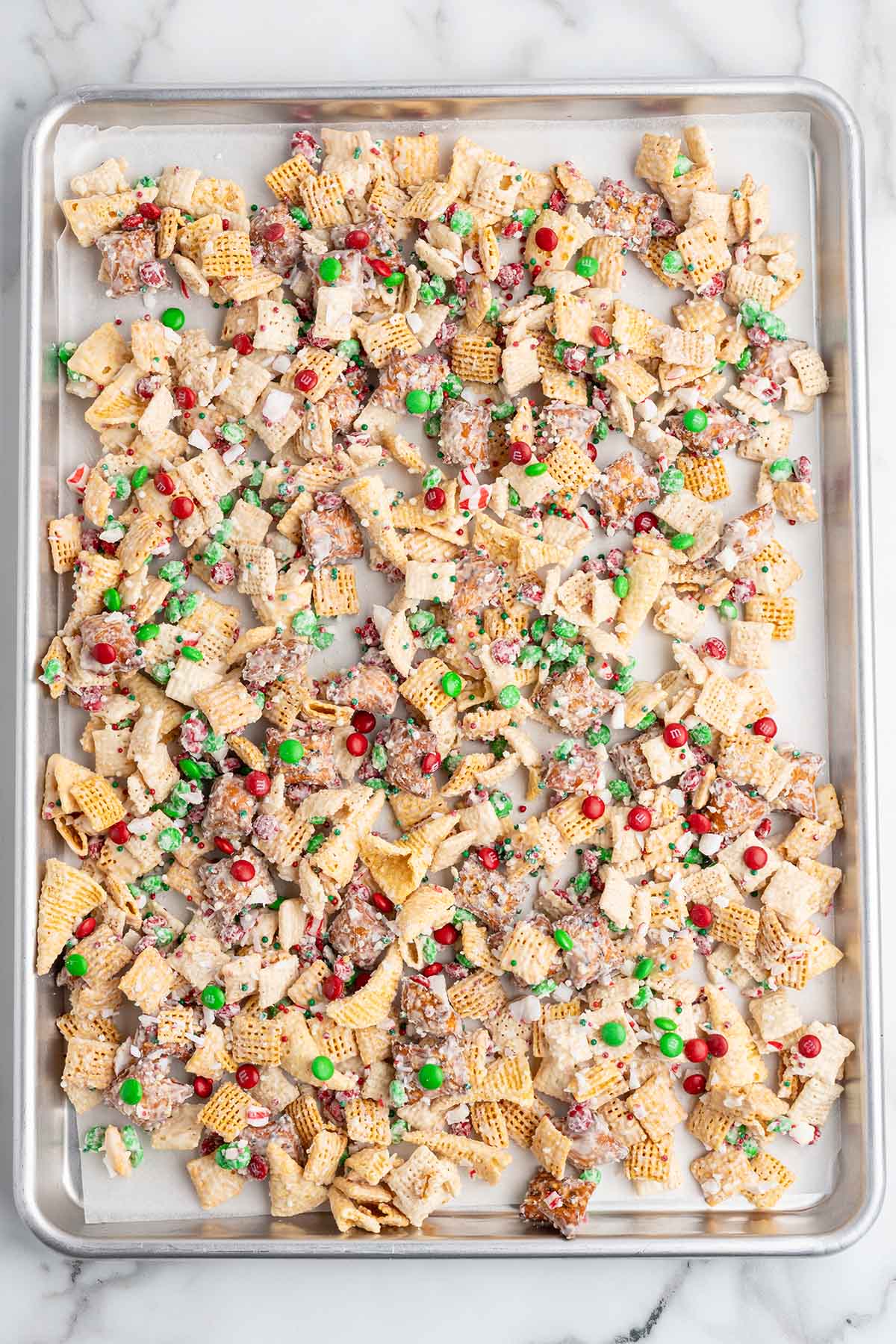 spread the chex mix in baking sheet. 