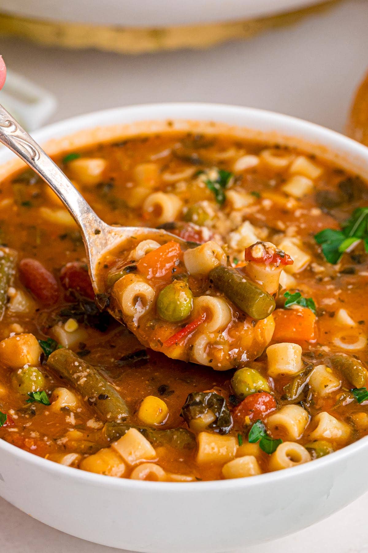 Bowl of minestrone soup with shell pasta, beans, carrots, and green beans.