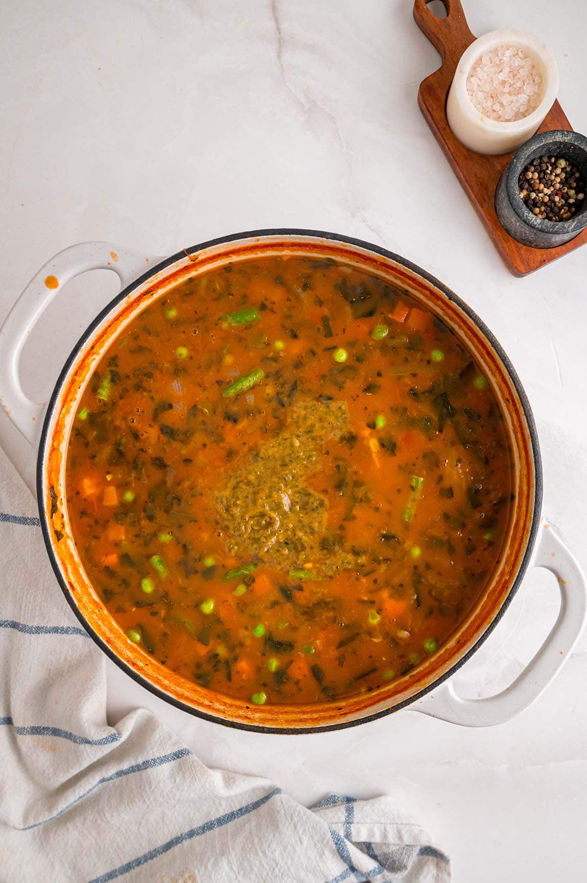 minestrone soup in a pot.