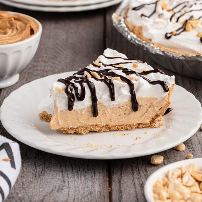 a slice of peanut butter pie on a plate