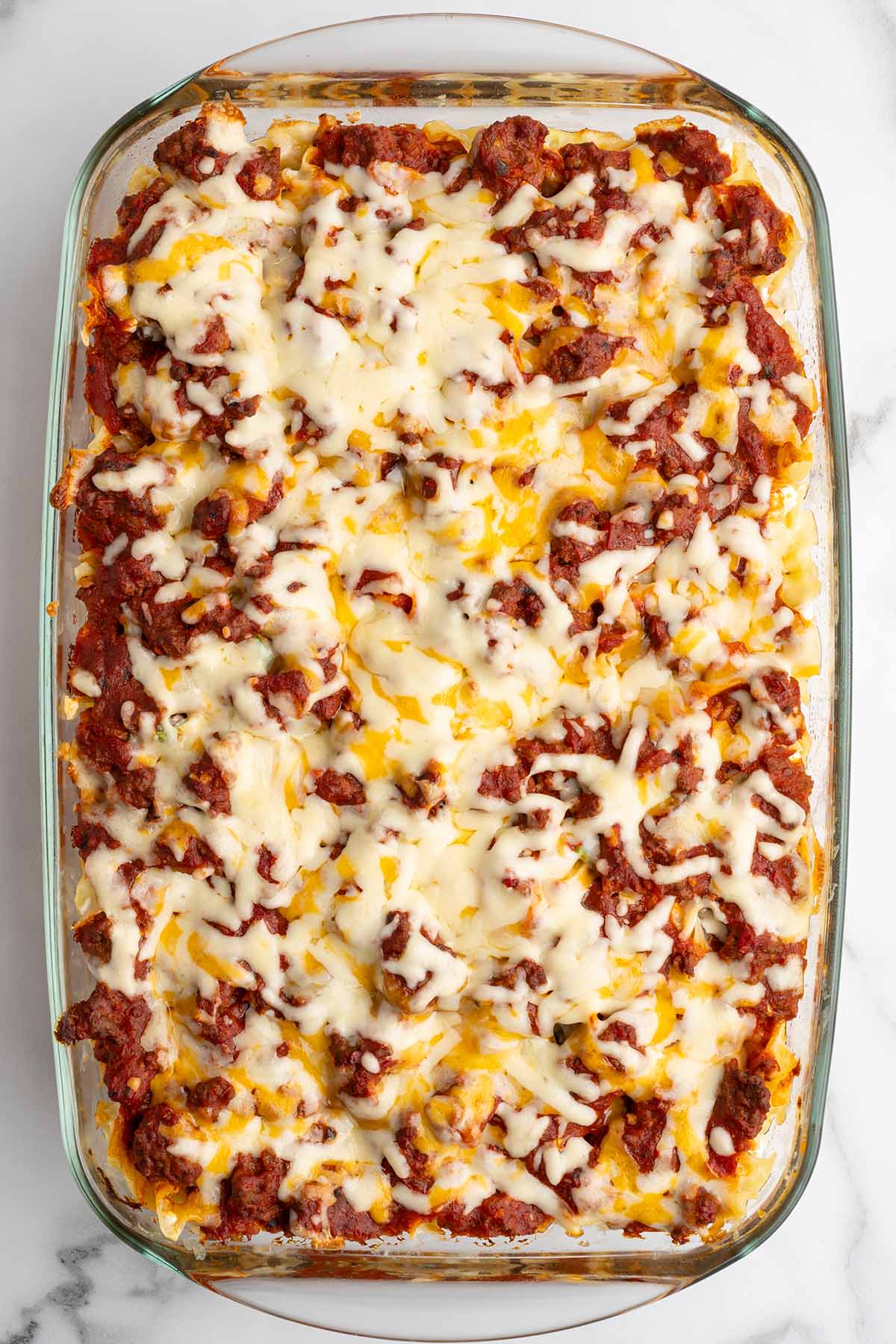 baked sour cream noodle bake in casserole dish.