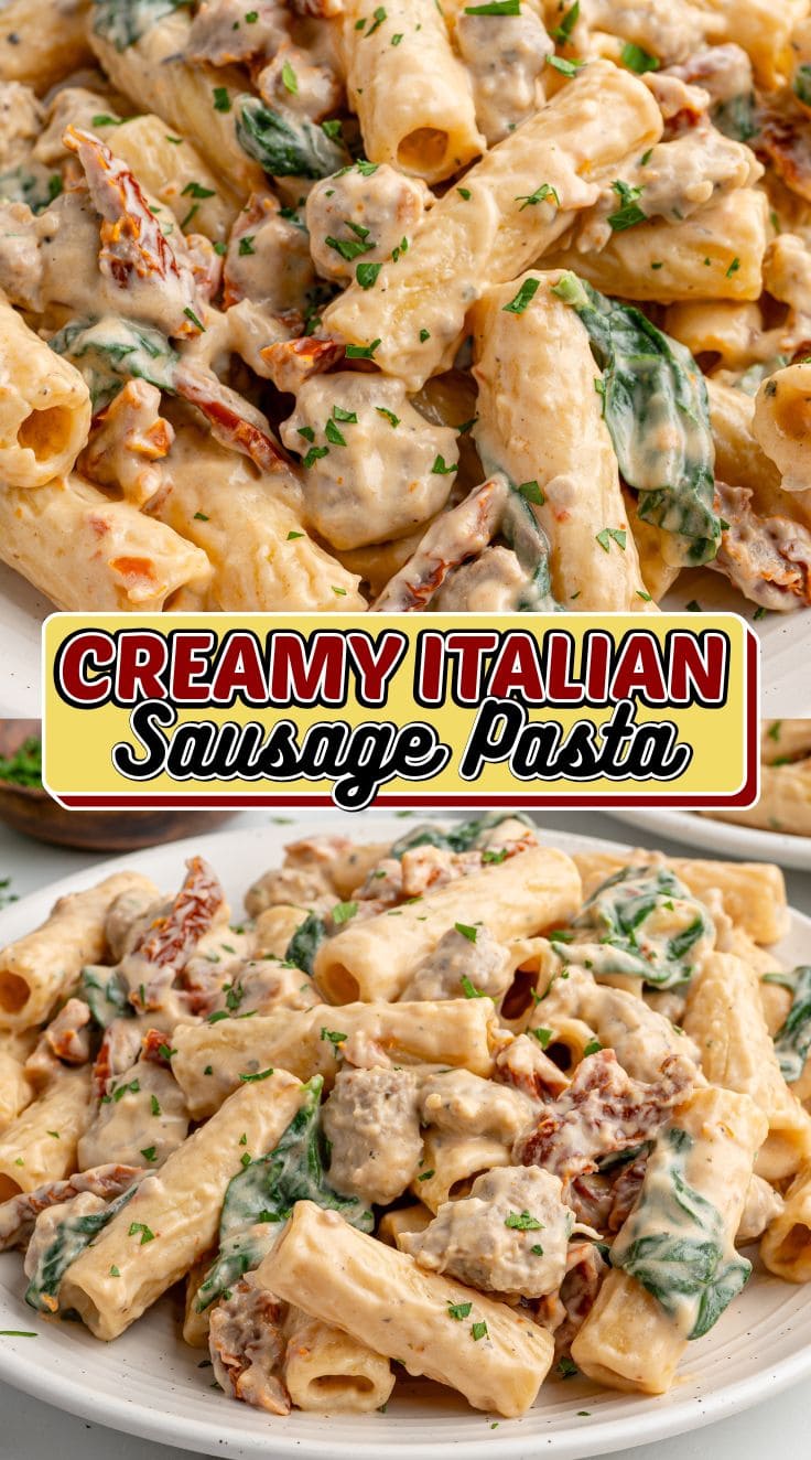 Creamy Italian sausage rigatoni pasta served on a plate, featuring sausage pieces and a rich, smooth sauce for a comforting dinner.