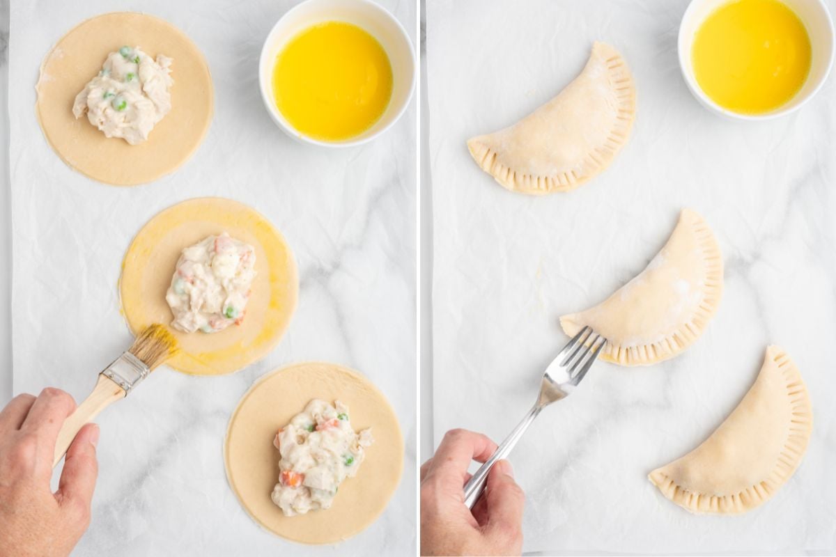 adding the filling into each dough, fold and seal with fork. 