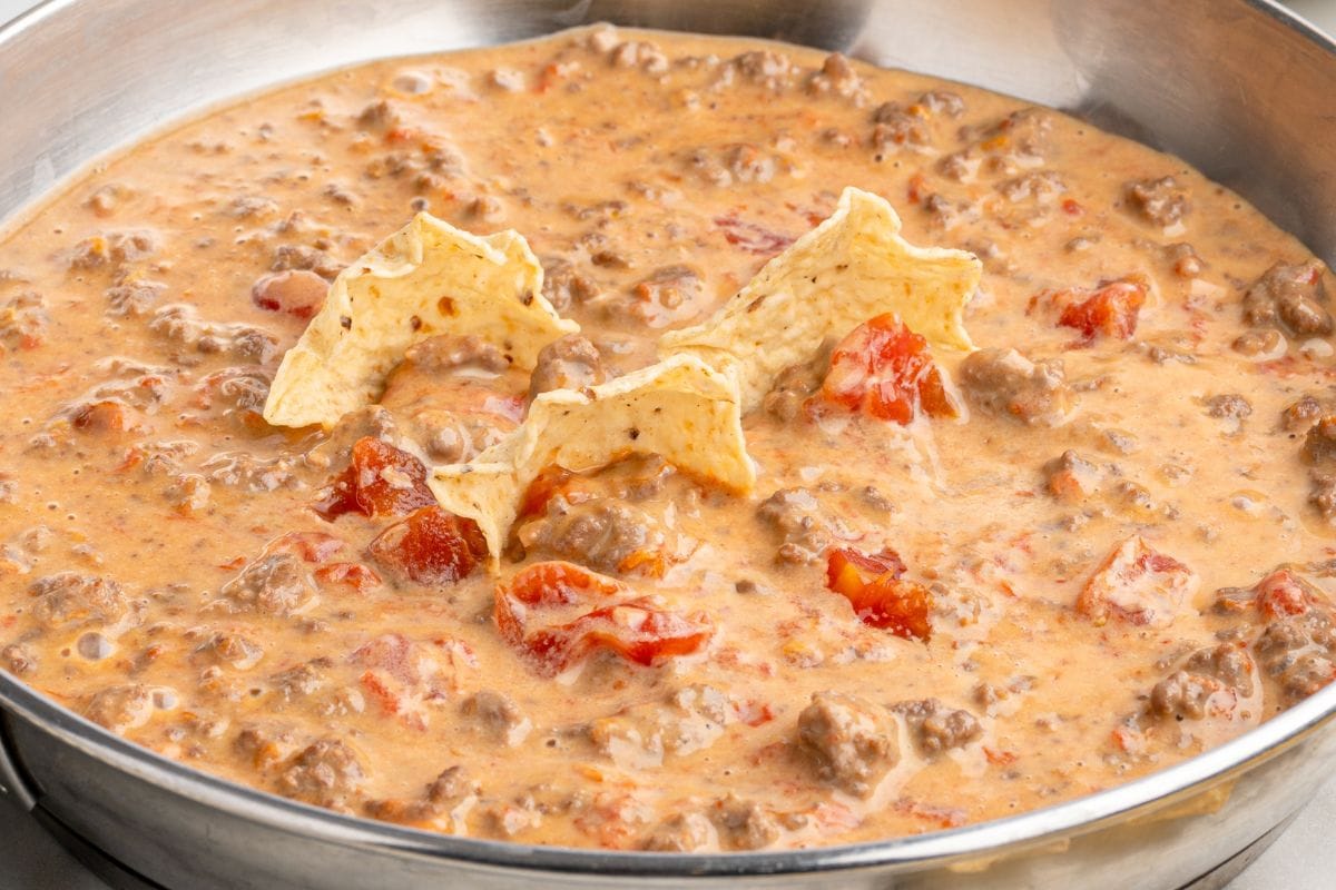 rotel dip in a pan.
