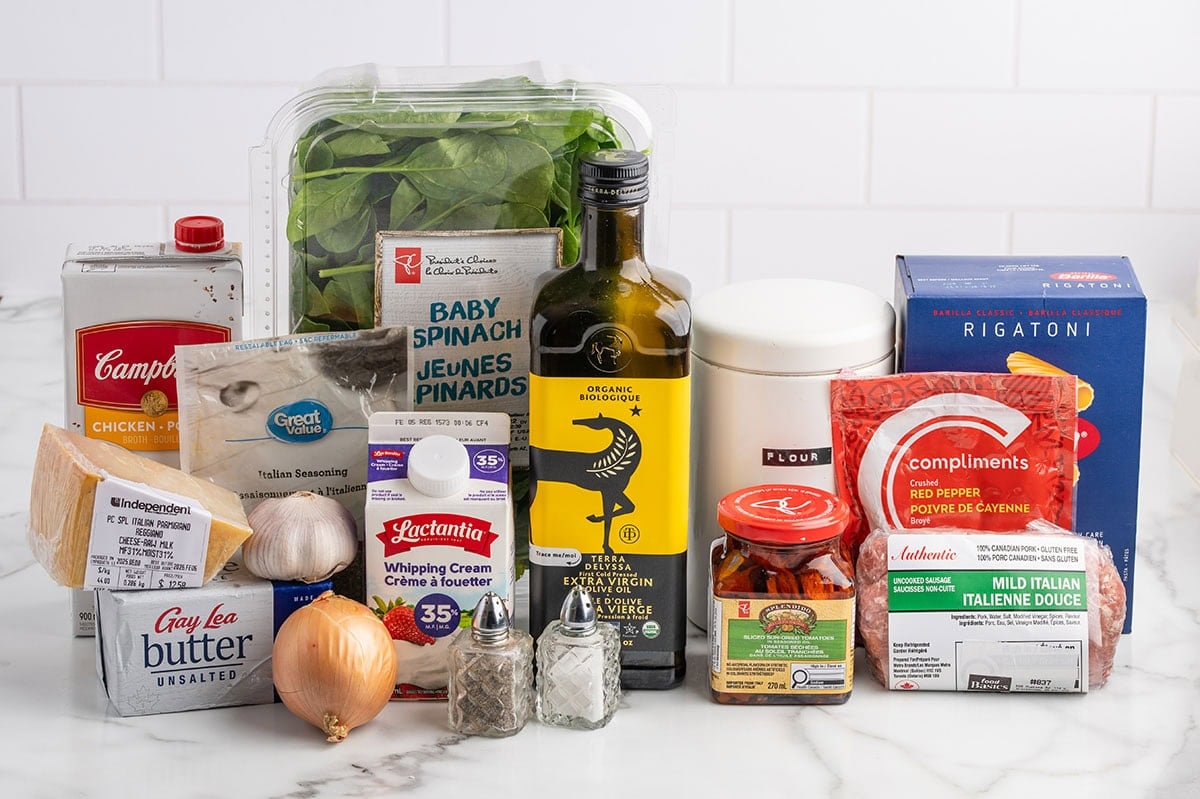 Creamy Italian Sausage Pasta ingredients.