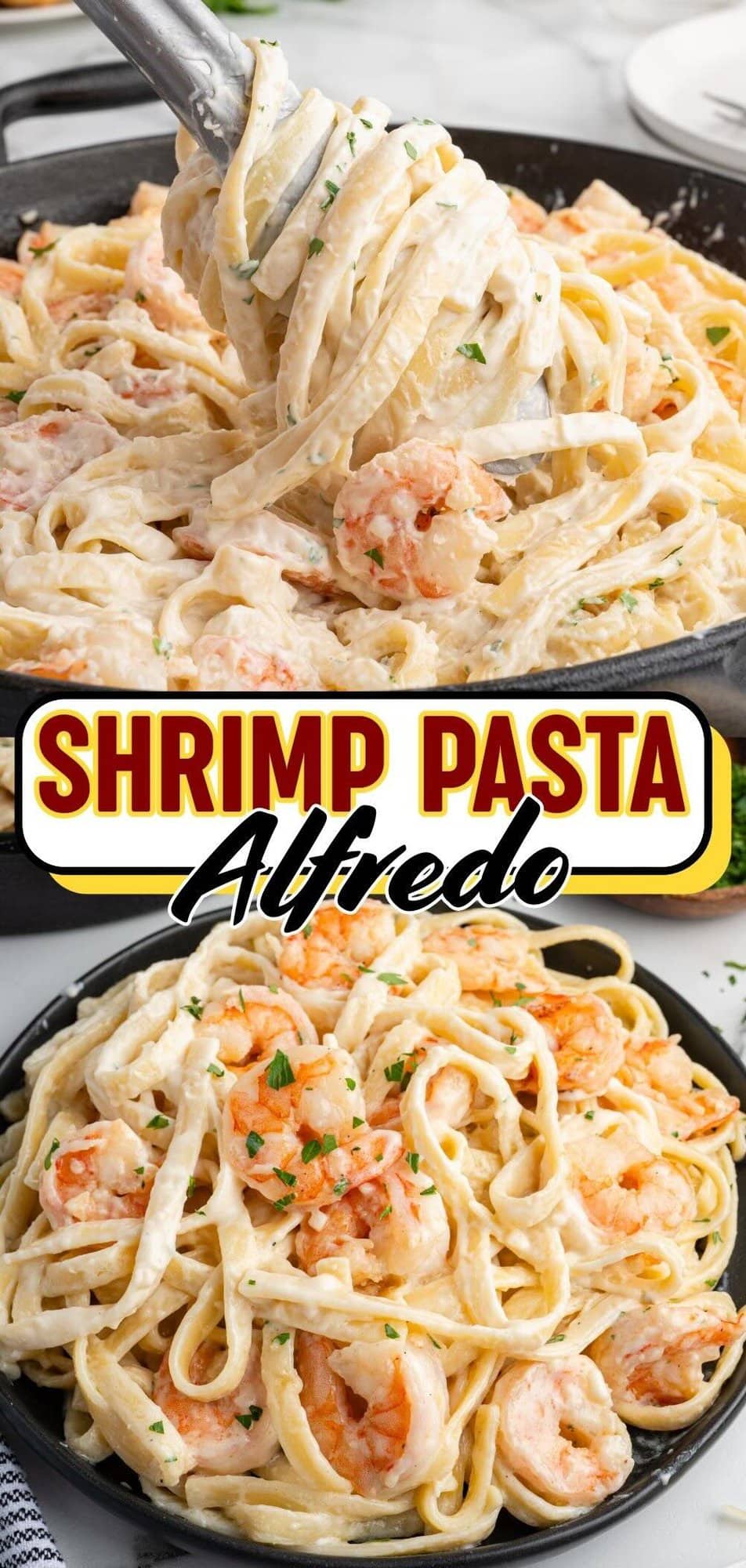 A large steel skillet filled with creamy fettuccine alfredo topped with several pink, sautéed shrimp and a sprinkle of fresh green parsley. The white garlic cream sauce is thick and coats the noodles evenly.